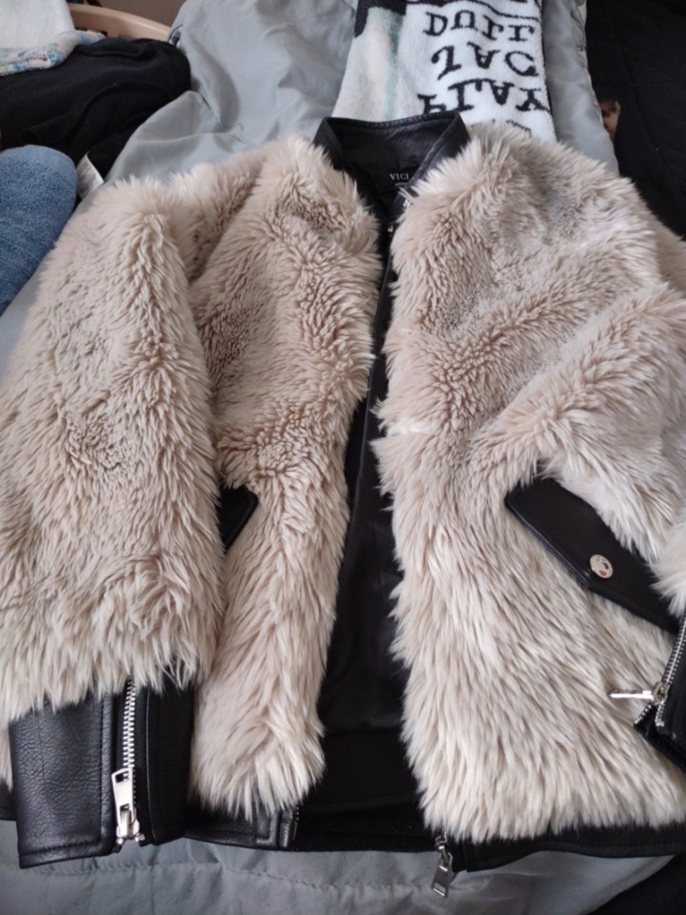 VICI Beige Faux Fur Teddy Bomber Jacket with Black Trim